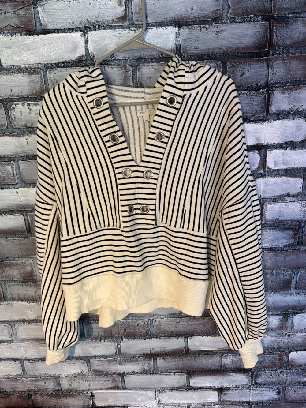 NWT Pilcro Cotton Grommet Black & White Striped Hooded Sweatshirt Women Size M